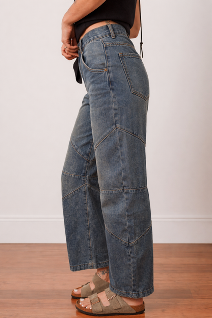 Light blue Alaya straight high waist jeans by Threaded Pear displayed on a mannequin, showcasing a classic denim fit.