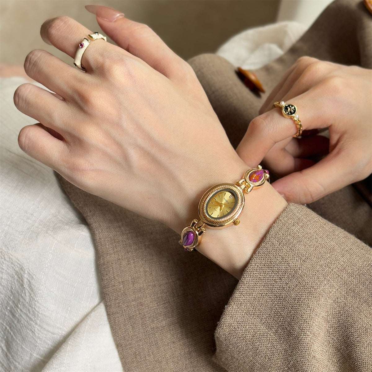 Women's agate bead bracelet watch with round watch face and polished stone beads