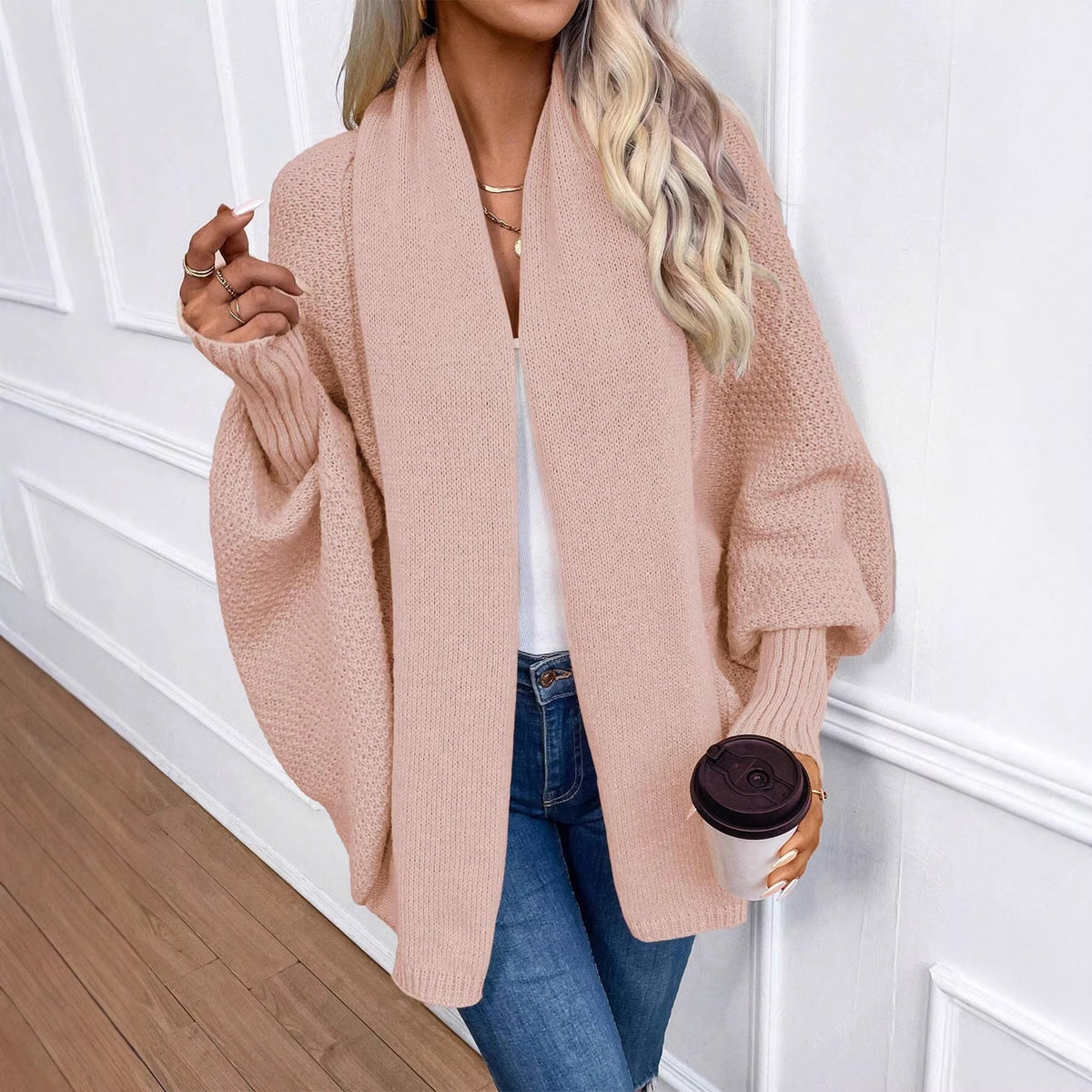 Solid-color women's loose-fit knitted cardigan with large lapel collar