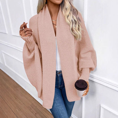 Solid-color women's loose-fit knitted cardigan with large lapel collar