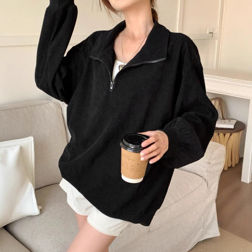 Women's casual corduroy hoodie with leopard print pattern, front view