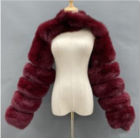 Women's short artificial fur coat in soft fake fur outfit, front view