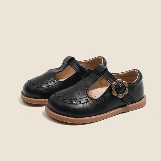 Girls' genuine leather princess shoes with non-slip soles, black design