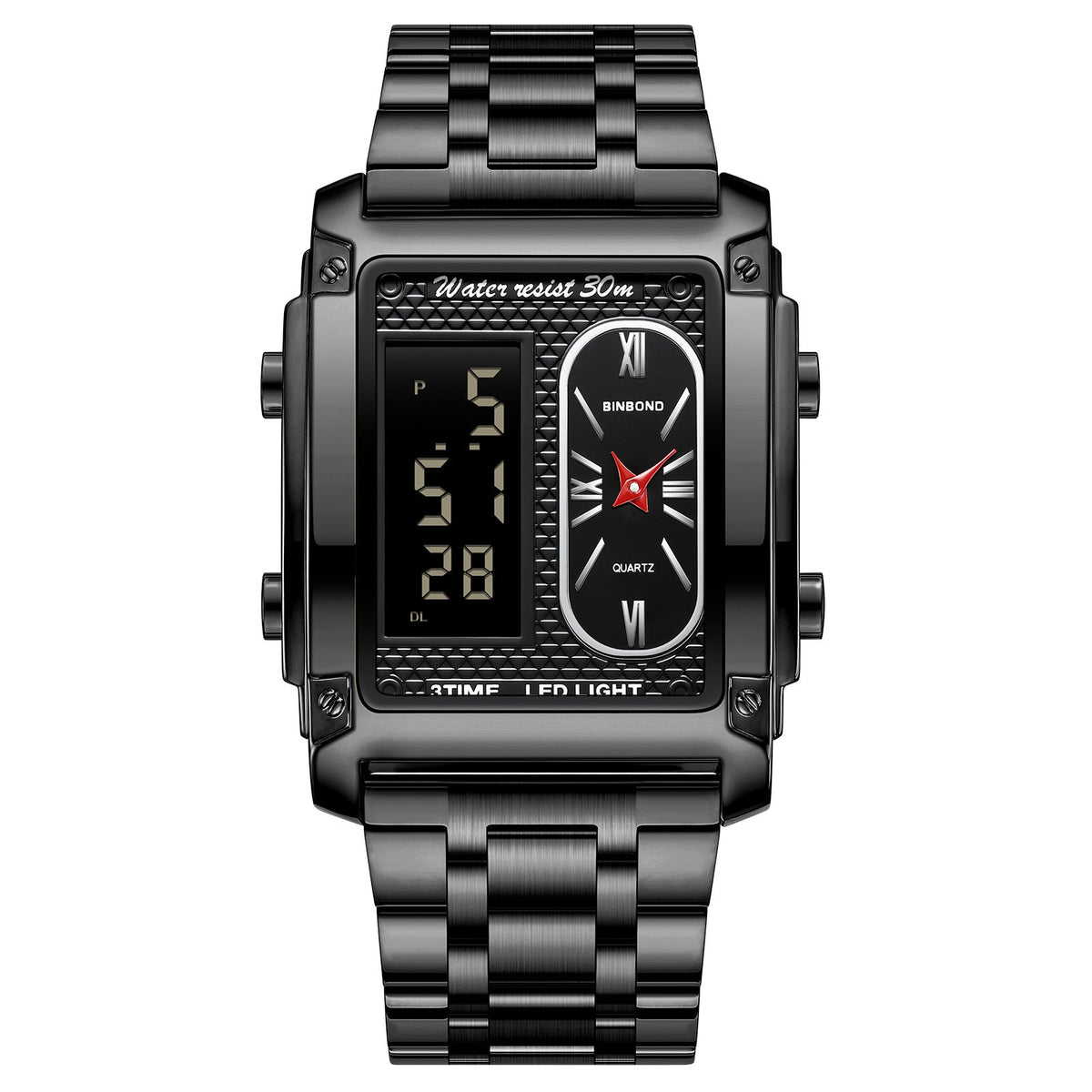 Men's creative steel belt electronic watch with double inserts, multifunctional waterproof design for students