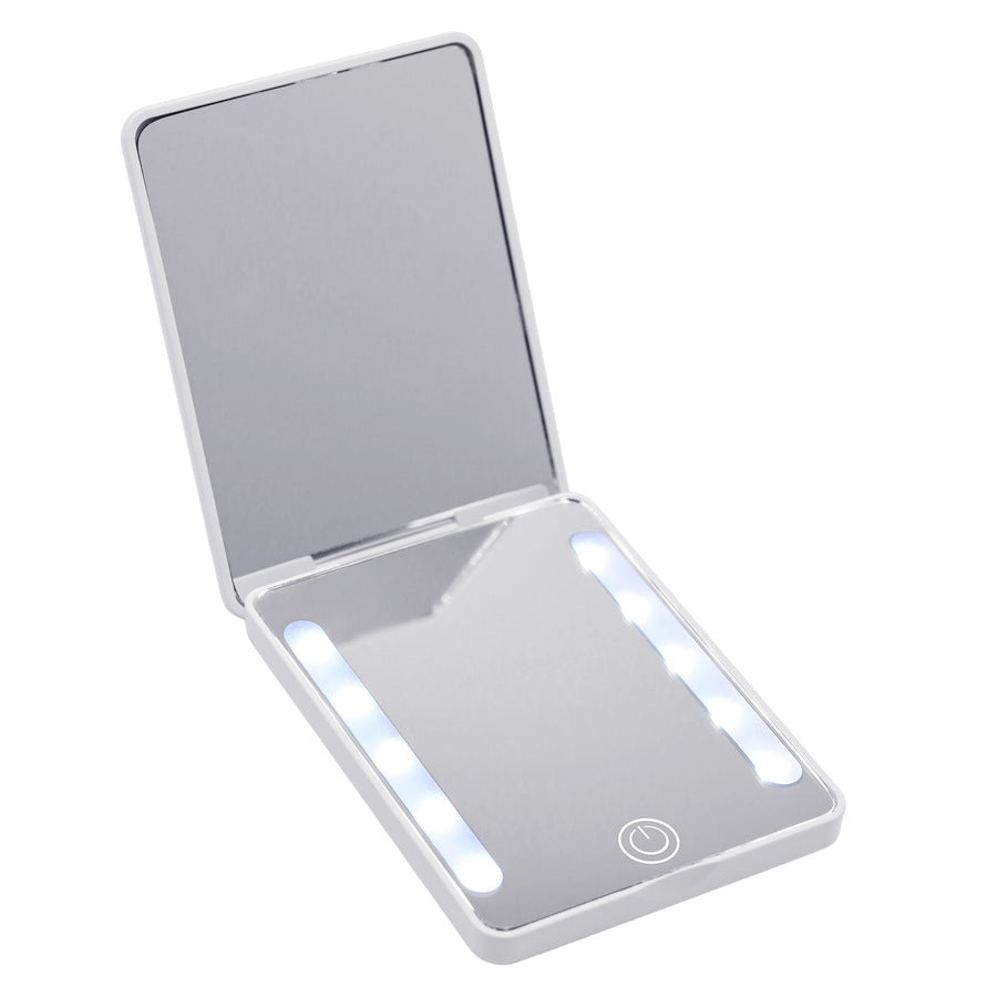 Compact double-sided folding makeup mirror with handheld LED light for portable touch-ups