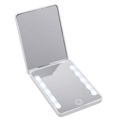 Compact double-sided folding makeup mirror with handheld LED light for portable touch-ups