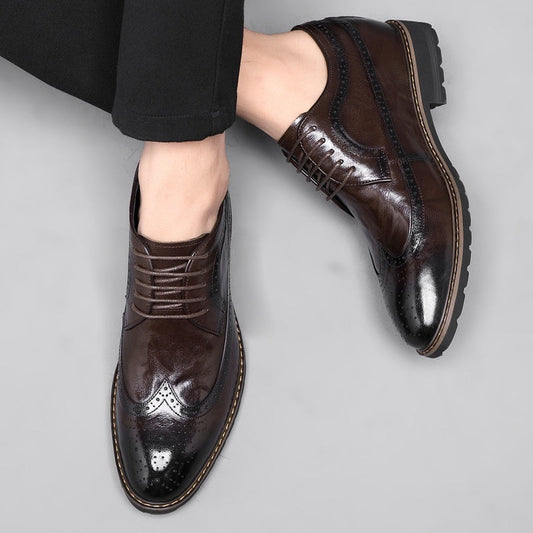 Bullock men's British-style height-increasing Derby shoes, black leather lace-up design