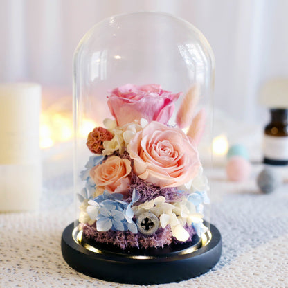 Glass cover gift box with big immortal rose flower for Valentine’s Day or birthday gifts