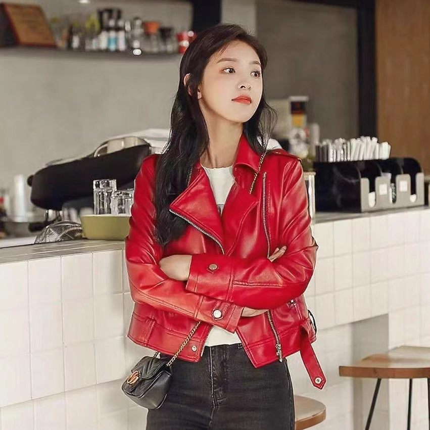 Short slim-fit PU leather jacket in black, front view