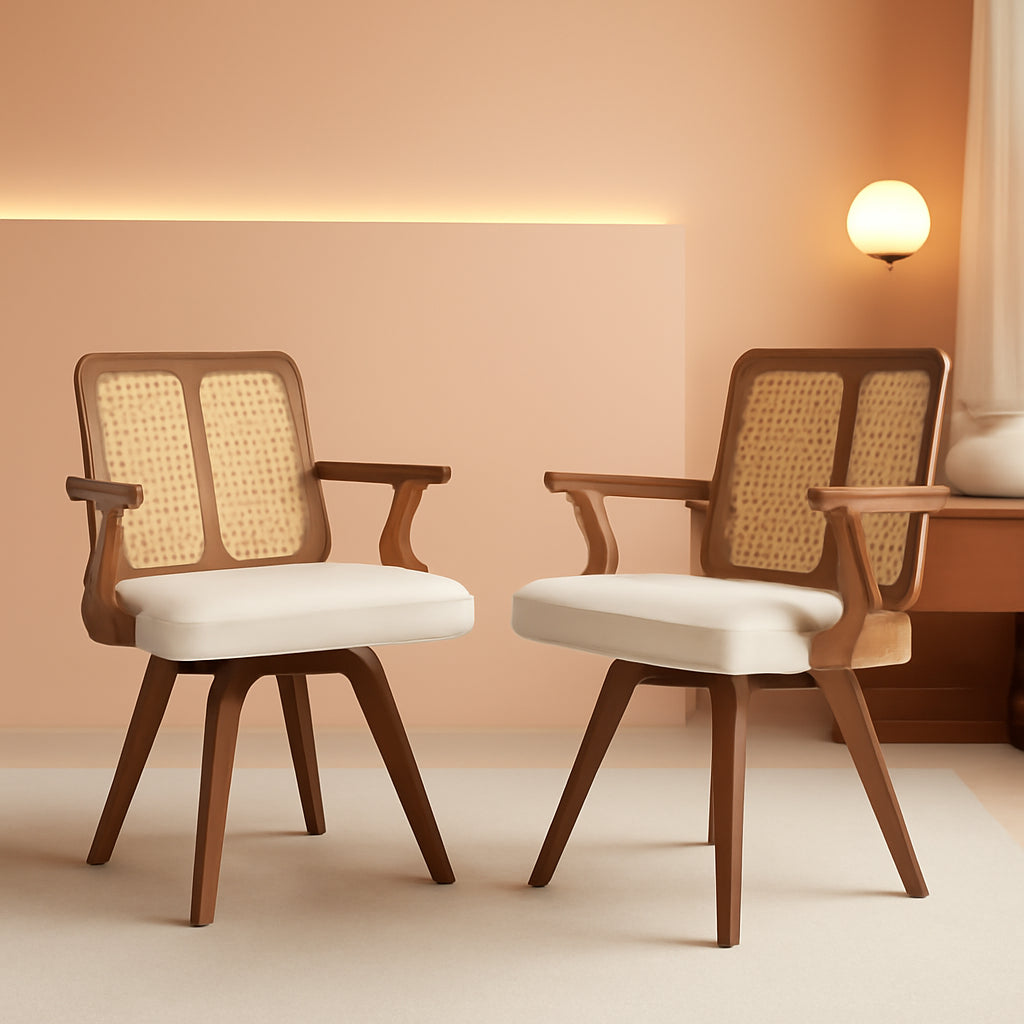 Walnut Swivel Rattan Chairs Ergonomic Curved Armrests Set Of Two