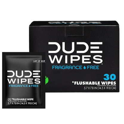 DUDE Wipes - On-The-Go Flushable Wipes - 1 Pack 30 Wipes - Unscented Extra-Large Individually Wrapped Adult Wet Wipes - Vitamin E & Aloe - Septic and Sewer Safe