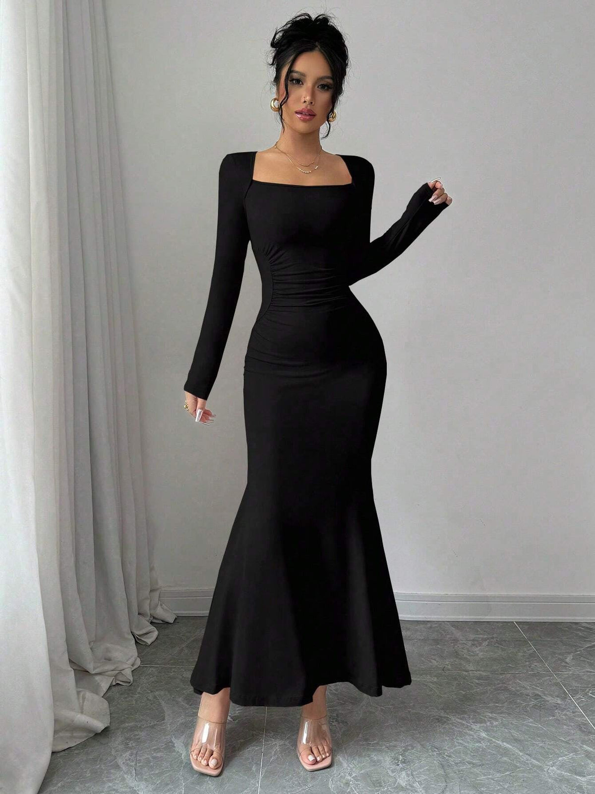 Elegant women's tight elastic long-sleeved fishtail dress in European and American fashion style