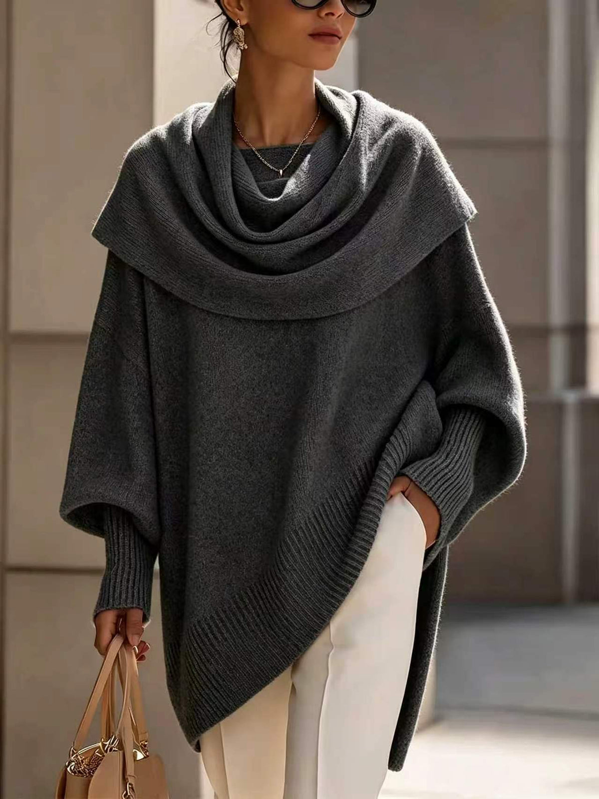 Loose batwing-sleeve asymmetrical pullover top by My Store in a relaxed silhouette