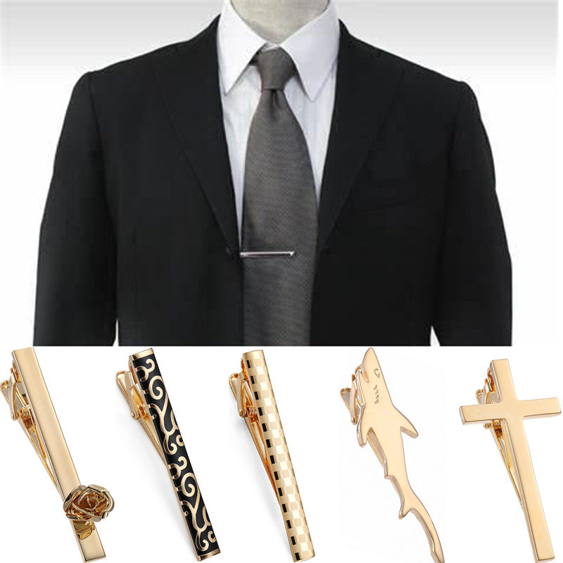 Black enamel silver diagonal stripes tie clip and cuff buckle set close-up