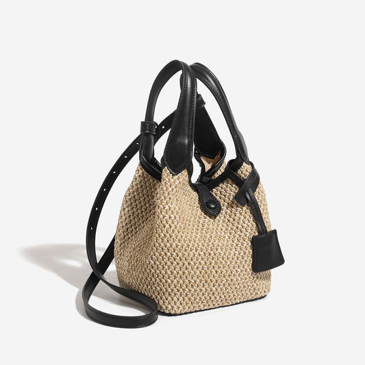 Korean-style niche-design straw tote bucket bag with woven texture and structured silhouette