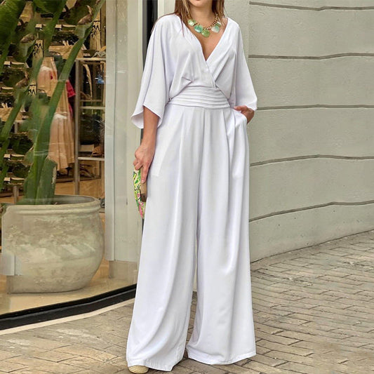Women's solid color V-neck short-sleeved summer jumpsuit in a casual streetwear style