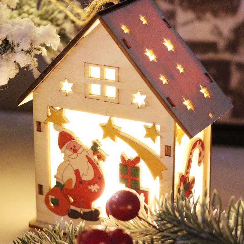 Luminous Christmas wood decoration with lights, festive holiday ornament in a natural wooden design