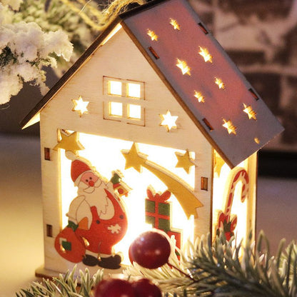 Luminous Christmas wood decoration with lights, festive holiday ornament in a natural wooden design