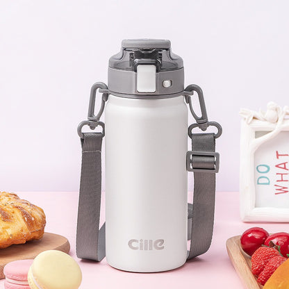 Insulated steel water flask by BACKUPMYFILESNOW® with a large volume, stainless steel body, and a secure lid for hot or cold drinks.
