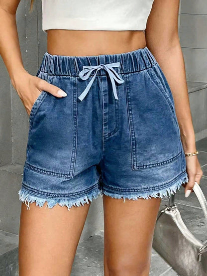 Women's denim shorts with elastic waist and drawstring waistband, front and back pockets