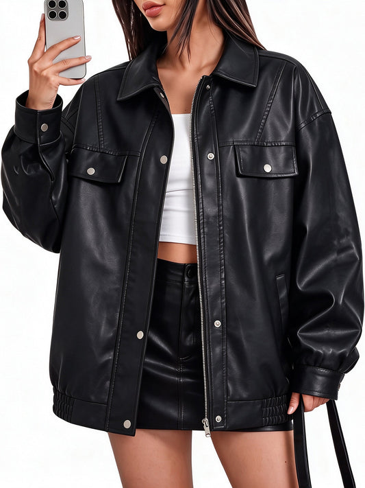 Women’s PU leather short slim-fit biker jacket with vertical collar, lightweight spring and autumn design