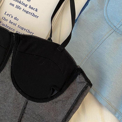 Retro distressed denim small vest camisole base top close-up