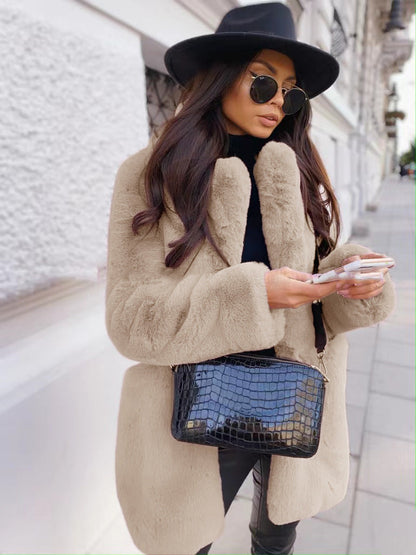 Women's solid color faux fur lapel coat with long sleeves