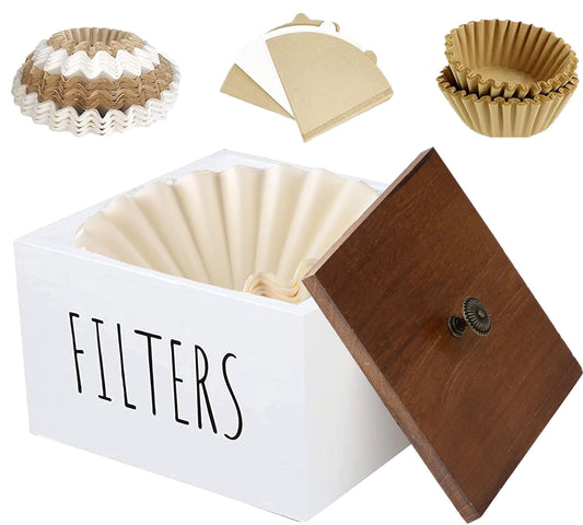 White wooden coffee filter holder with lid, rustic farmhouse style coffee filter dispenser basket for coffee bar decor.