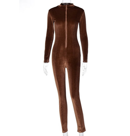 Women's long sleeve velvet skinny jumpsuit with front zipper and slim-fit one-piece pants in solid color