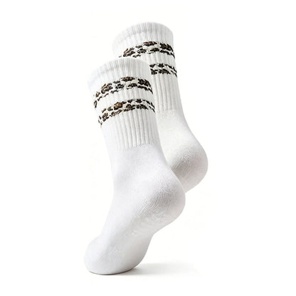 Striped leopard-print floor socks for women in soft stretch fabric with non-slip soles