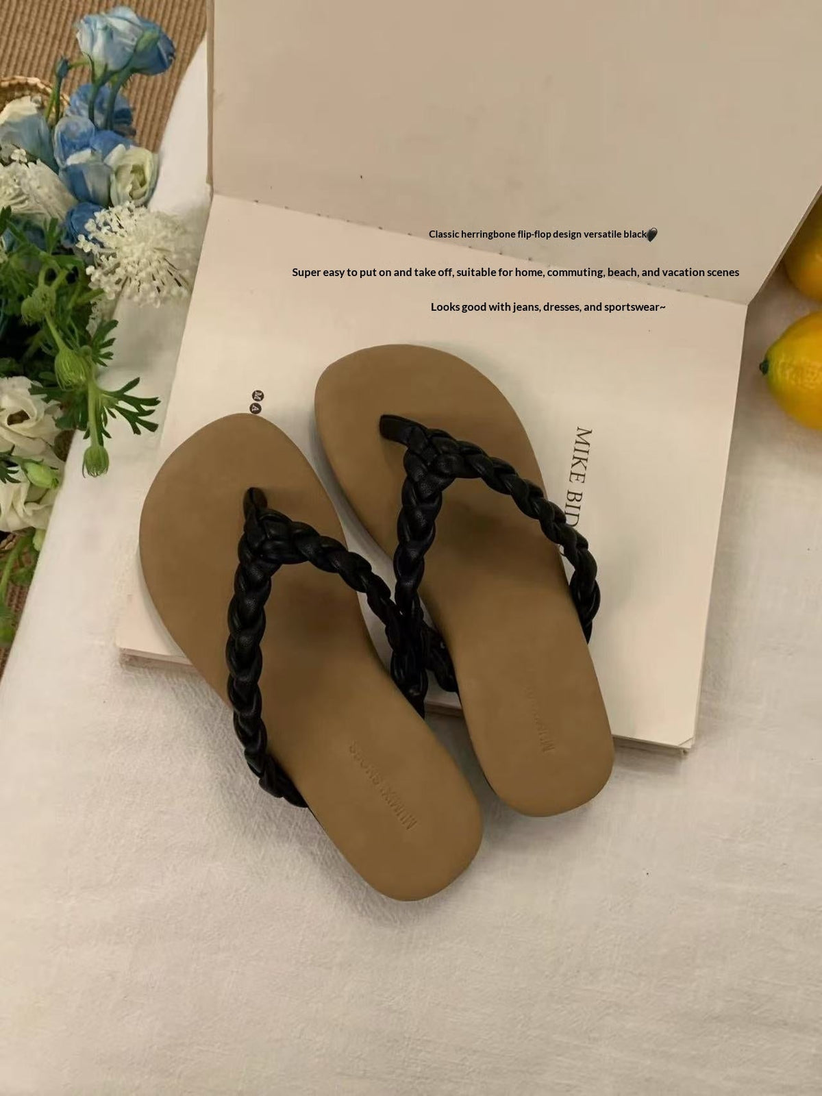 Retro flat minimalist woven flip-flops in a neutral tone