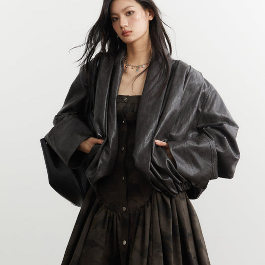 Gender-neutral pleated silhouette ebony-brown faux leather PU jacket by My Store