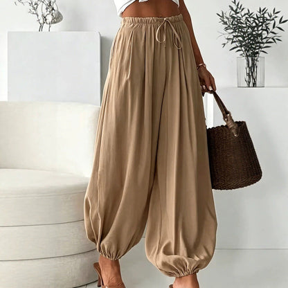 Women's summer loose drawstring wide-leg cropped harem pants with draped effect