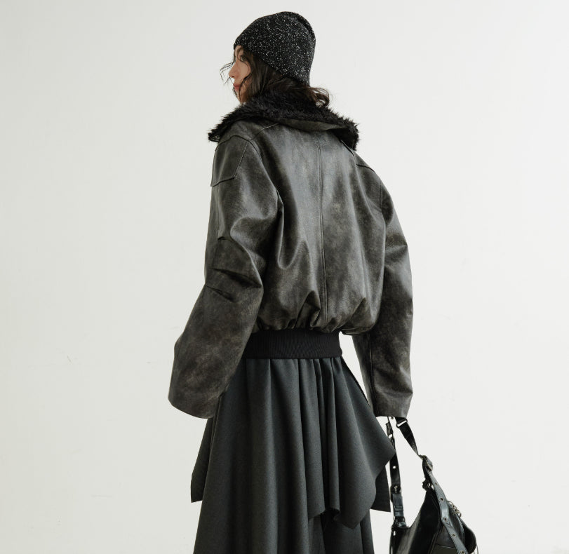 Turtleneck smoky-blend PU faux leather jacket in a sleek dark finish