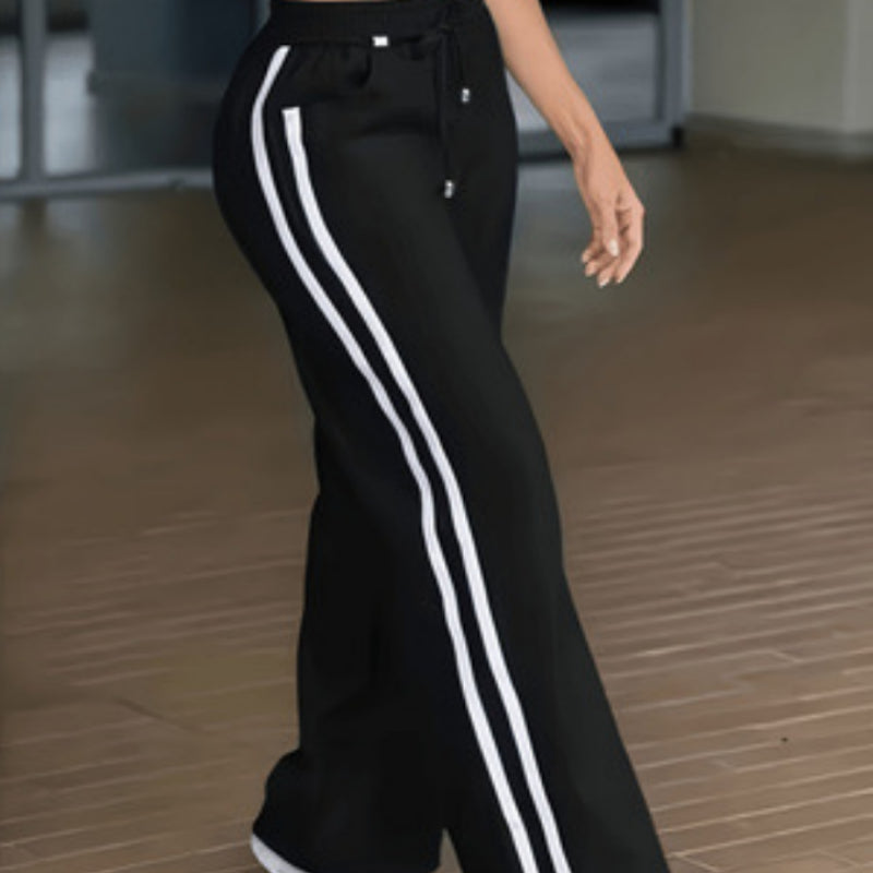 Women's high-waisted lace-up patchwork casual wide-leg pants, front view