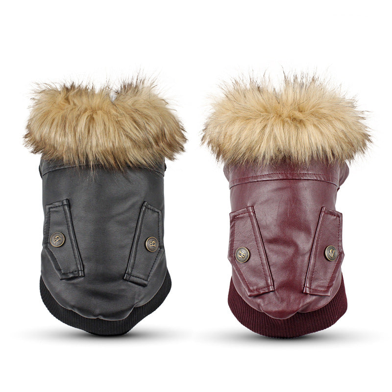 Dog autumn and winter leather coat with fur collar for pets
