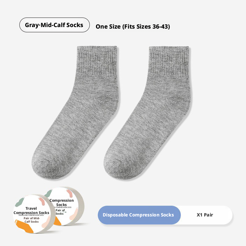 Gray polyester cotton travel compression socks, medium tube, 1 pair