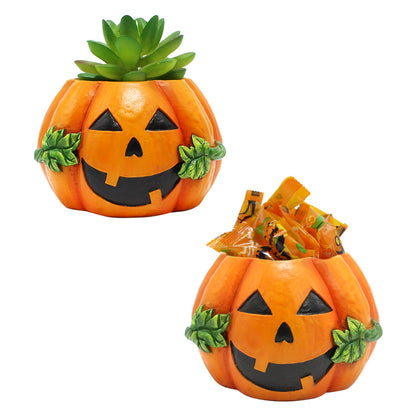 Halloween pumpkin decoration flower pot with carved pumpkin design, orange finish, and plant-holding cavity