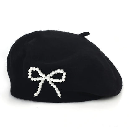 Pearl bow wool breathable beret with elegant embellishment and soft textured finish