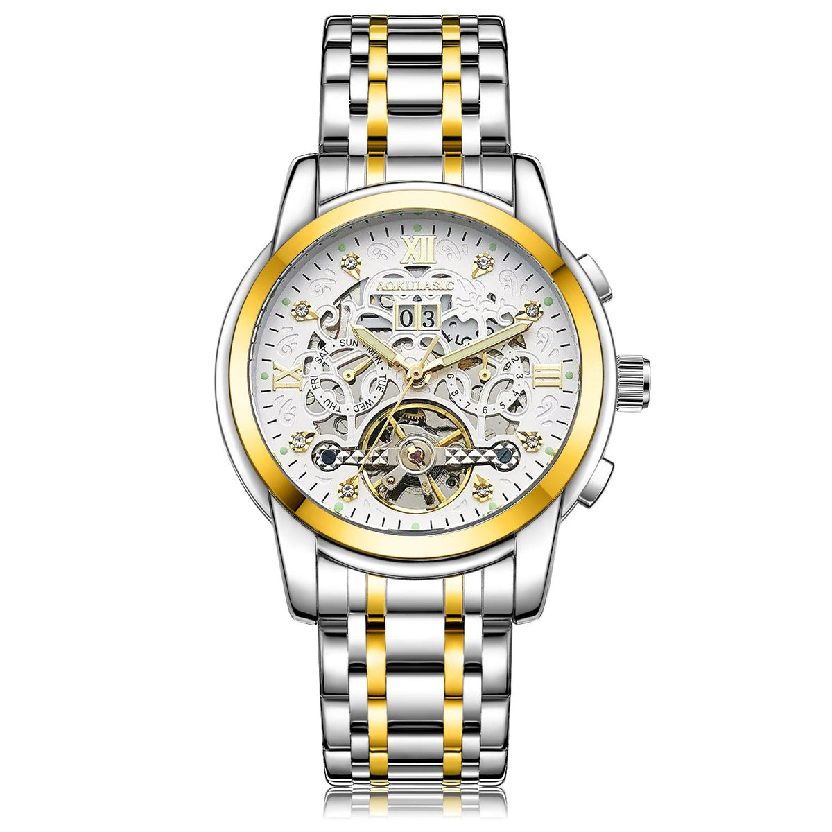 Men's large-rotor skeleton automatic mechanical watch with visible movement and black dial