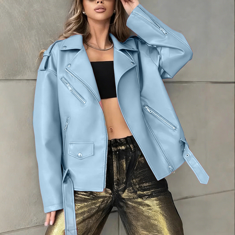 Women's boyfriend-style leather biker jacket with asymmetrical zipper and silver hardware