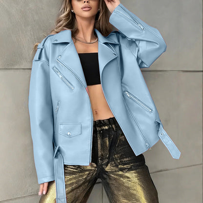 Women's boyfriend-style leather biker jacket with asymmetrical zipper and silver hardware