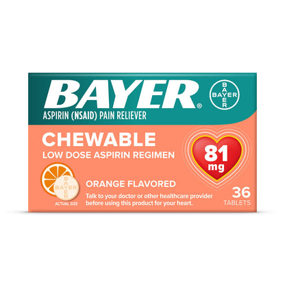 Bayer Orange 81mg Chewable Aspirin bottle with 216 tablets, shown in the image on a plain background.