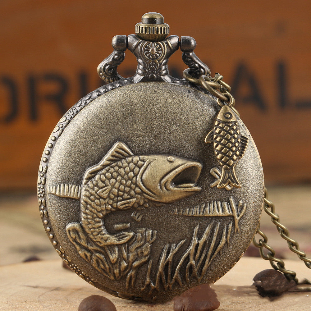 Carp pocket watch with detailed fish design on the case and classic analog dial