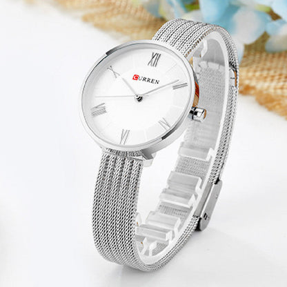 Women's waterproof quartz fashion casual watch with a sleek round dial and adjustable wrist strap