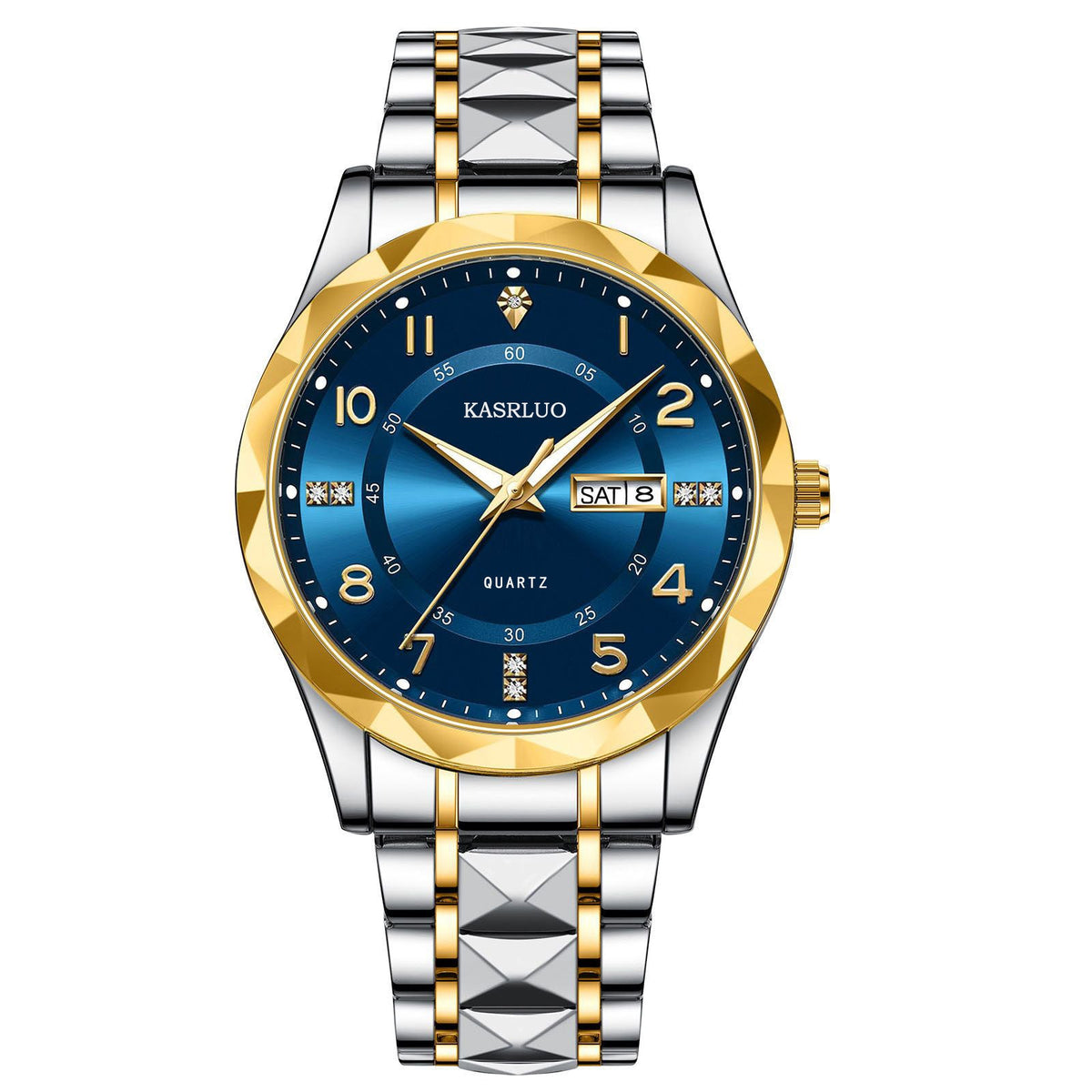 Men's dual calendar fashion waterproof luminous quartz watch with black dial and stainless steel case