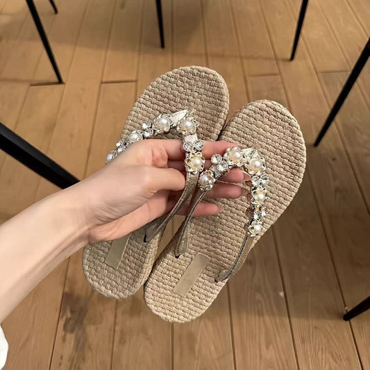 French style pearl rhinestone thong slippers for women, straw flat anti-slip outdoor beach slides