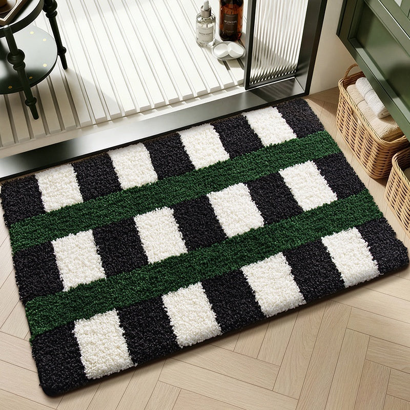 Water-absorbent non-slip geometric lattice floor mat with textured surface for bathroom or entryway flooring