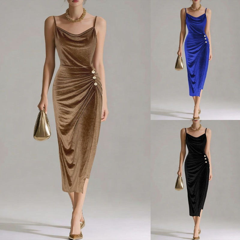 Shiny velvet bodycon dress with swing collar, spaghetti straps, waist-cinching fit and side slit by My Store