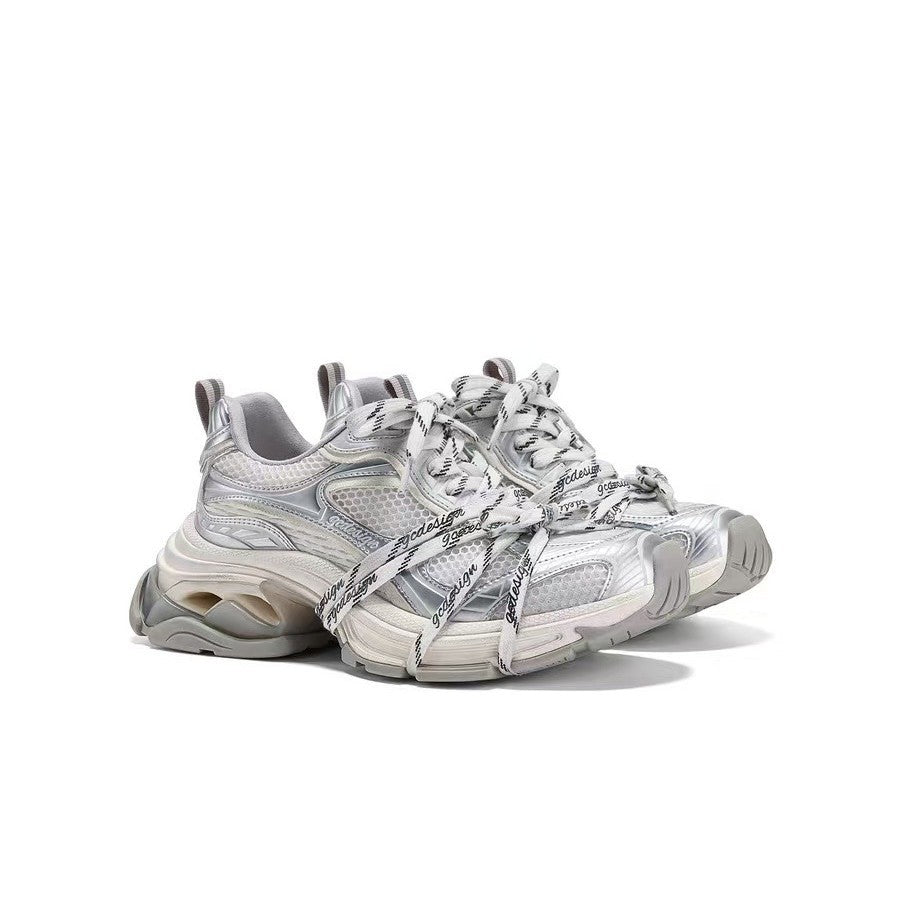 Silver designer dad-style athletic casual shoes, side view